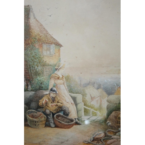 85 - A PAIR OF FRAMED AND GLAZED WATERCOLOURS ONE OF FIGURES FEEDING RABBITS, THE OTHER OF A BASKET WEAVE... 
