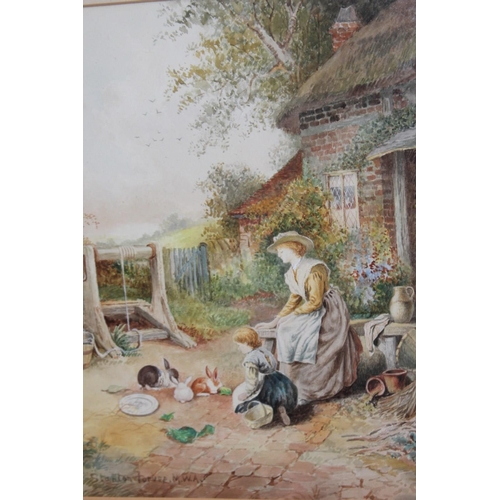 85 - A PAIR OF FRAMED AND GLAZED WATERCOLOURS ONE OF FIGURES FEEDING RABBITS, THE OTHER OF A BASKET WEAVE... 