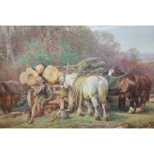 92 - A FRAMED AND GLAZED PRINT OF A WOOD CARTING SCENE BY CHARLES J ADAMS 45CM X 68CM