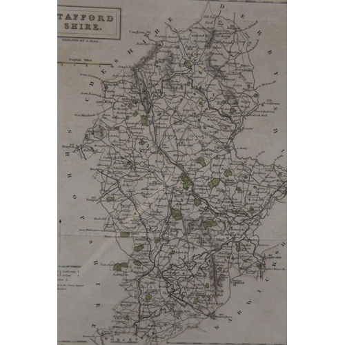 94 - A FRAMED AND GLAZED ENGRAVED MAP OF STAFFORDSHIRE BY S. HALL 26CM X 20CM