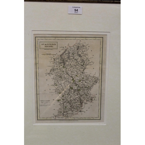 94 - A FRAMED AND GLAZED ENGRAVED MAP OF STAFFORDSHIRE BY S. HALL 26CM X 20CM