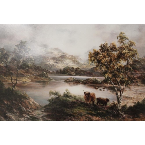 95 - A FRAMED AND GLAZED SIGNED LIMITED EDITION PRUDENCE TURNER PRINT OF HIGHLAND CATTLE 32/50 28CM X 38C... 