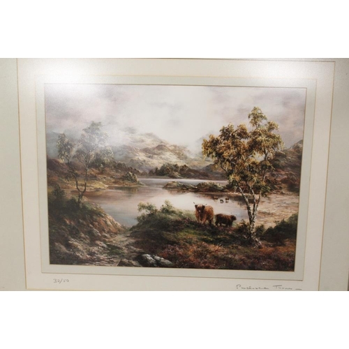 95 - A FRAMED AND GLAZED SIGNED LIMITED EDITION PRUDENCE TURNER PRINT OF HIGHLAND CATTLE 32/50 28CM X 38C... 