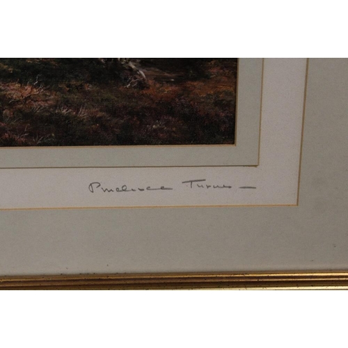 95 - A FRAMED AND GLAZED SIGNED LIMITED EDITION PRUDENCE TURNER PRINT OF HIGHLAND CATTLE 32/50 28CM X 38C... 