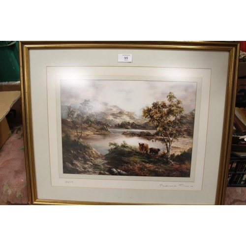 95 - A FRAMED AND GLAZED SIGNED LIMITED EDITION PRUDENCE TURNER PRINT OF HIGHLAND CATTLE 32/50 28CM X 38C... 
