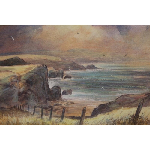 96 - A FRAMED AND GLAZED WATERCOLOUR DEPICTING A GALLEON AT SEA, TOGETHER WITH A PASTEL OF A COASTAL SCEN... 