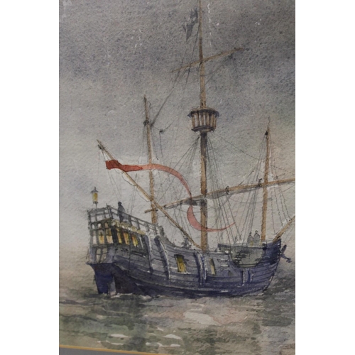 96 - A FRAMED AND GLAZED WATERCOLOUR DEPICTING A GALLEON AT SEA, TOGETHER WITH A PASTEL OF A COASTAL SCEN... 