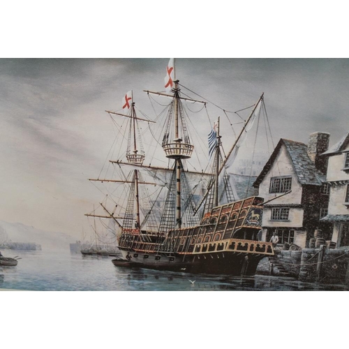 96 - A FRAMED AND GLAZED WATERCOLOUR DEPICTING A GALLEON AT SEA, TOGETHER WITH A PASTEL OF A COASTAL SCEN... 
