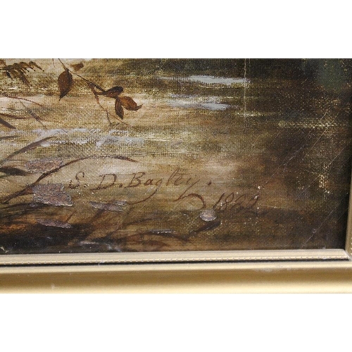 30 - AN ANTIQUE GILT FRAMED OIL ON CANVAS DEPICTING CATTLE WATERING IN A COUNTRY LANDSCAPE SIGNED S.D BAG... 