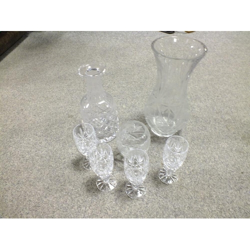 169 - TWO TRAYS OF ASSORTED GLASSWARE TO INCLUDE A DECANTER, WMF CRYSTAL ETC