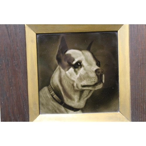 1 - A PAIR OF OAK FRAMED ANTIQUE GEORGE CARTLIDGE SEMI RELIEF TILES DEPICTING DOG PORTRAITS OVERALL SIZE... 