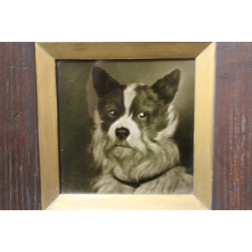 1 - A PAIR OF OAK FRAMED ANTIQUE GEORGE CARTLIDGE SEMI RELIEF TILES DEPICTING DOG PORTRAITS OVERALL SIZE... 