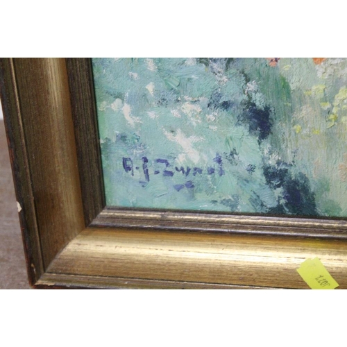 15 - A GILT FRAMED IMPRESSIONIST OIL ON CANVAS DEPICTING A COUNTRY PATH WITH COTTAGE INDISTINCTLY SIGNED ... 