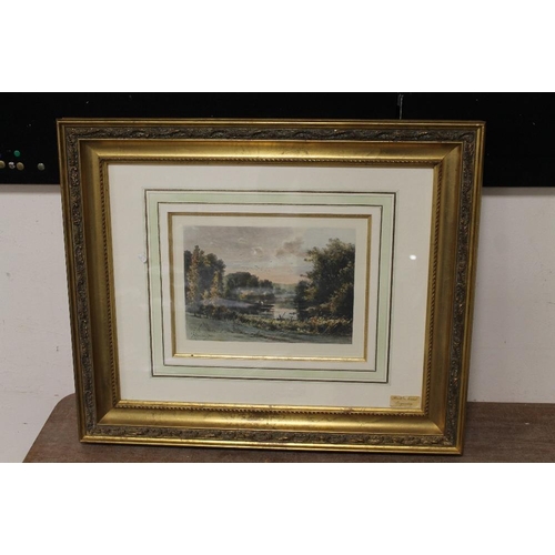 18 - A PAIR OF GILT FRAMED AND GLAZED HAND COLOURED ENGRAVINGS OF WOODED LANDSCAPES BY AUBINIERE, 23 X 33... 