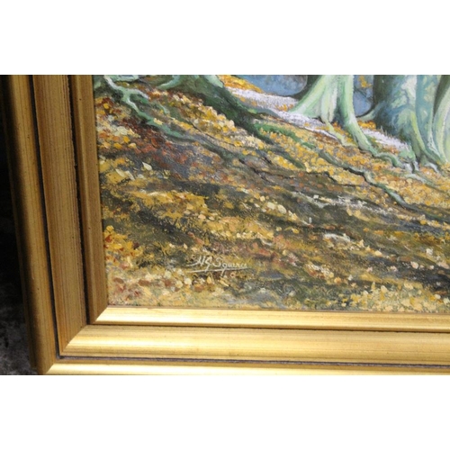 19 - A GILT FRAMED OIL ON CANVAS ENTITLED RIDGEWAY AUTUMN BY H. SQUIRES 50CM X 75CM, TOGETHER WITH A GILT... 