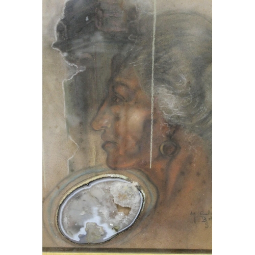 21 - AN UNUSUAL FRAMED AND GLAZED MIXED MEDIA STUDY OF A LADY IN PROFILE AND A MONUMENT WITH INSET GEOLOG... 