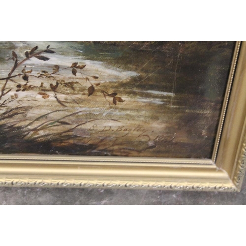 22 - AN ANTIQUE GILT FRAMED OIL ON CANVAS DEPICTING CATTLE WATERING SIGNED S. D. BAGLEY 1882 50CM X 75CM