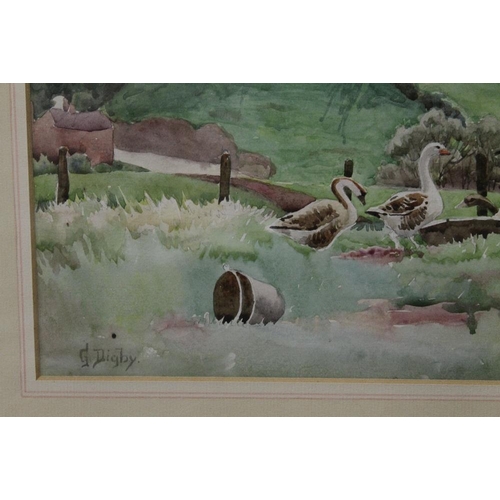 25 - A GILT FRAMED AND GLAZED WATERCOLOUR OF A COUNTRY LANDSCAPE WITH GEESE SIGNED G.DIGBY LOWER LEFT - H... 