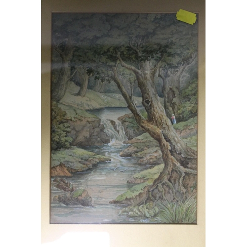 29 - FOUR FRAMED AND GLAZED WATERCOLOURS, COUNTRY WATERFALLS AND WOODLAND SCENE