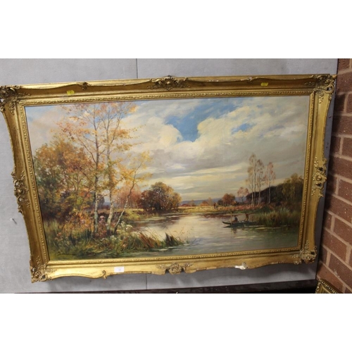 30 - A PAIR OF GILT FRAMED OIL ON CANVASES DEPICTING COUNTRY LAKE SCENES SIGNED DEMESTER - H 59 CM BY 98 ... 