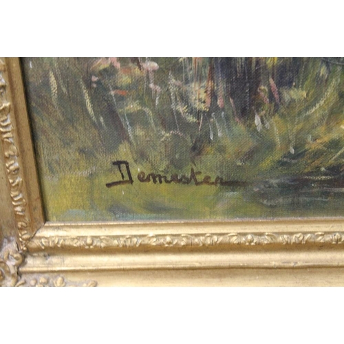 30 - A PAIR OF GILT FRAMED OIL ON CANVASES DEPICTING COUNTRY LAKE SCENES SIGNED DEMESTER - H 59 CM BY 98 ... 