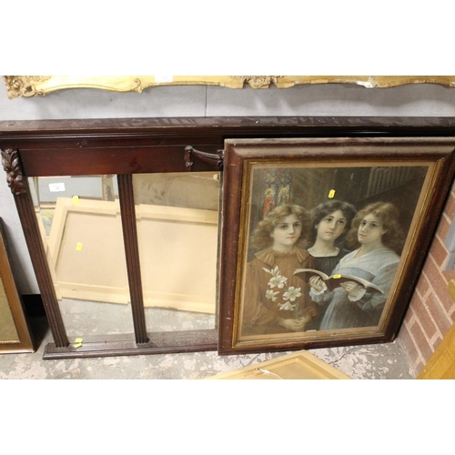 32 - A MODERN FRAMED OVERMANTEL MIRROR W 128 CM TOGETHER WITH A PRINT OF THREE LADIES WITH A BOOK (2)