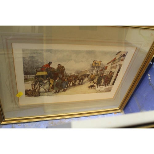 39 - A LARGE QUANTITY OF ASSORTED PRINTS TO INCLUDE A LARGE SIGNED PRINT OF LADY HAMILTON SIGNED BULIERE... 