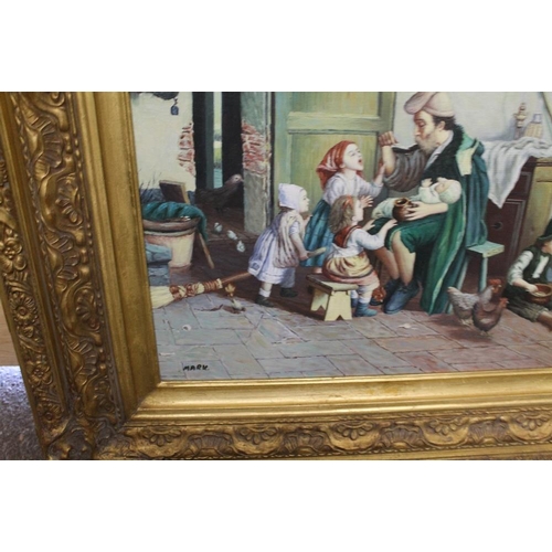 44 - A GILT FRAMED OIL ON BOARD DEPICTING AN INTERIOR SCENE OF A ,FATHER WITH MANY CHILDREN - SIGN MARK L... 