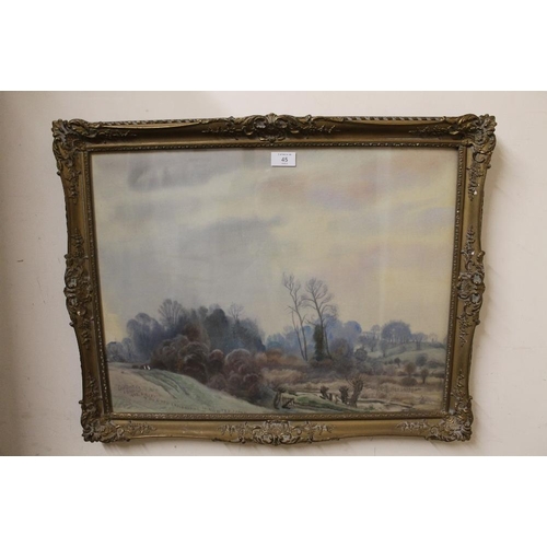 45 - A PAIR OF LARGE GILT FRAMED AND GLAZED WATERCOLOURS ENTITLED 'THE VALLEY OF THE RIVER LAMBOURNE IN W... 