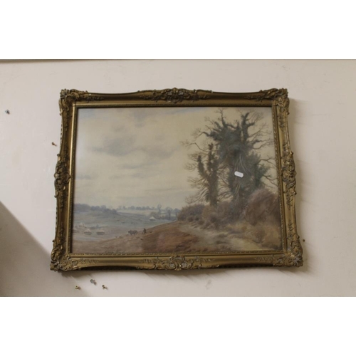 45 - A PAIR OF LARGE GILT FRAMED AND GLAZED WATERCOLOURS ENTITLED 'THE VALLEY OF THE RIVER LAMBOURNE IN W... 