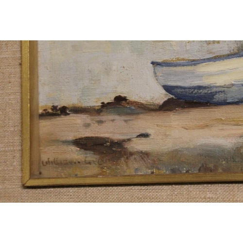 46 - A GILT FRAMED OIL ON BOARD DEPICTING MOORED BOATS SIGNED LOWER LEFT AND INSCRIBED VERSO -  -H 20 CM ... 