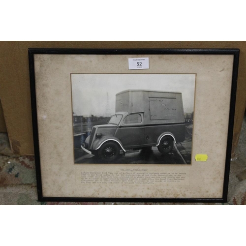 52 - AN UNUSUAL FRAMED AND GLAZED PRINT OF A HENRY FOOD EMERGENCY FOOD VAN WITH DETAILS ON MOUNT - H 30 C... 