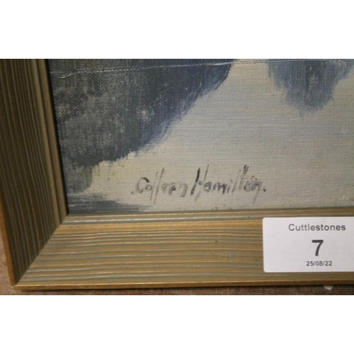 7 - A FRAMED OIL ON BOARD OF A MOUNTAINOUS LAKE SCENE BY COLLEEN HAMILTON (NEW ZEALAND ARTIST) - H 24.5 ... 