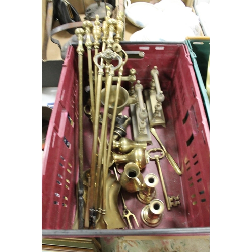 109 - TWO TRAYS OF MOSTLY BRASSWARE TO INCLUDE FIRE IRONS, COPPER KETTLE ETC.