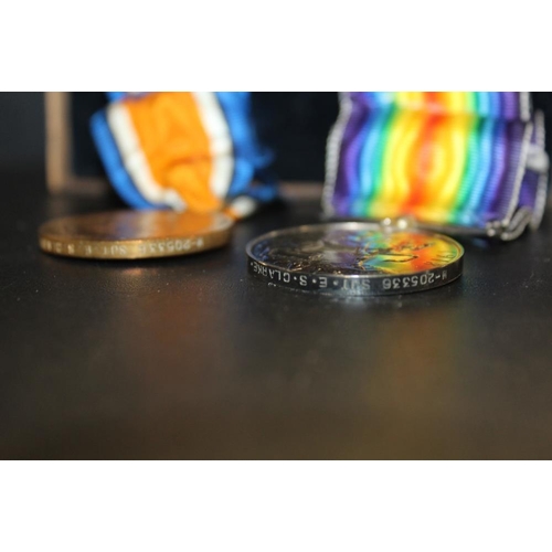 337 - A PAIR OF WWI MEDALS AWARDED TO M-205338 SGT. E.S. CLARKE A.S.C. IN AN OAK GLAZED DISPLAY CASE