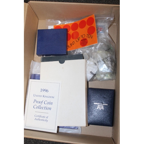 342 - A BOX OF ASSORTED COINS TO INCLUDE A 1996 PROOF SET, 2004 UNCIRCULATED COIN COLLECTION, WORLD COINAG... 