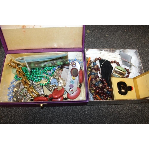 343 - TWO BOXES OF COSTUME JEWELLERY TO INCLUDE BEADED NECKLACES WOMENS LEAGUE OF HEALTH AND BEAUTY ENAMEL... 