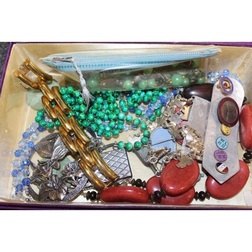 343 - TWO BOXES OF COSTUME JEWELLERY TO INCLUDE BEADED NECKLACES WOMENS LEAGUE OF HEALTH AND BEAUTY ENAMEL... 