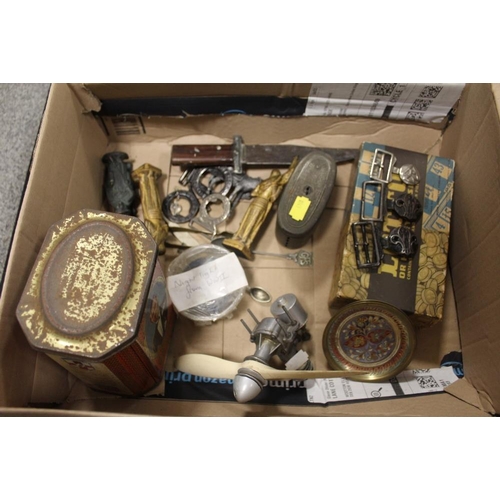 360 - A BOX OF COLLECTABLES TO INCLUDE SCOUTS BELT BUCKLES, MODEL AEROPLANE PROPELLER WWII NIGHTLIGHT  ETC