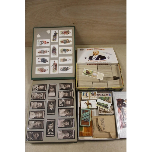 366 - A FOLDER OF VINTAGE CIGARETTE CARDS, TOGETHER WITH TWO BOXES OF LOOSE CIGARETTE CARDS AND TEA CARDS