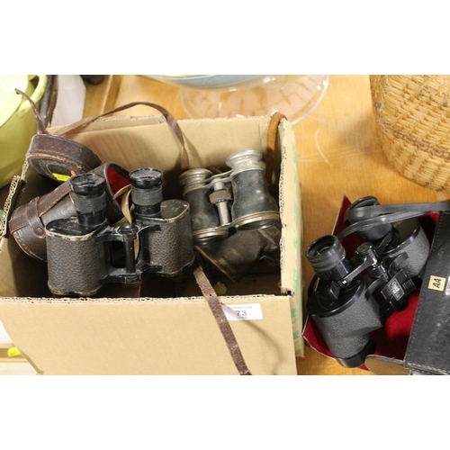 73 - A BOX OF VINTAGE CAMERAS AND BINOCULARS