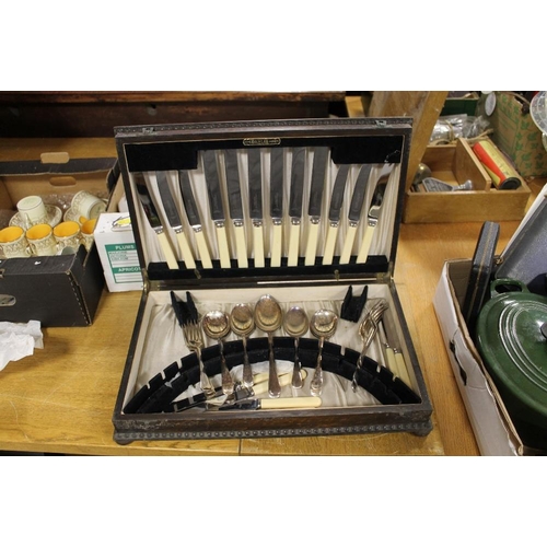 74 - TWO LE CREUSET COOKING POTS TOGETHER WITH A QUANTITY OF CASED SILVER PLATED FLATWARE AND AN OAK CASE... 