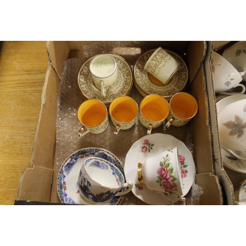 76 - TWO SMALL TRAYS OF CUPS AND SAUCERS ETC TO INCLUDE CROWN STAFFORDSHIRE, ROYAL DOULTON ETC