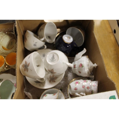 76 - TWO SMALL TRAYS OF CUPS AND SAUCERS ETC TO INCLUDE CROWN STAFFORDSHIRE, ROYAL DOULTON ETC