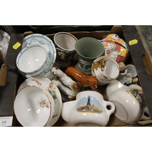 94 - THREE TRAYS OF ASSORTED CERAMICS TO INCLUDE WEDGWOOD JASPERWARE, AYNSLEY ETC