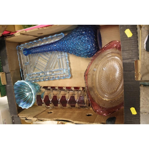 98 - TWO TRAYS OF COLOURED GLASSWARE TO INCLUDE VASES ETC