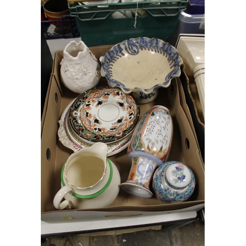 99 - TWO TRAYS OF ASSORTED CERAMICS TO INCLUDE A STUDIO POTTERY COMPORT