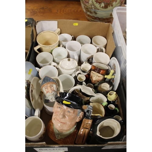 146 - TWO TRAYS OF ASSORTED CERAMICS TO INCLUDE ROYAL DOULTON CHARACTER JUGS ETC