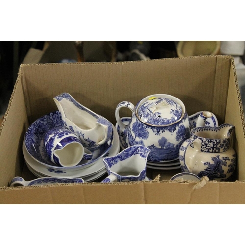 162 - FIVE BOXES OF ASSORTED BLUE AND WHITE CHINA AND CERAMICS TO  INCLUDE MASONS EXAMPLES