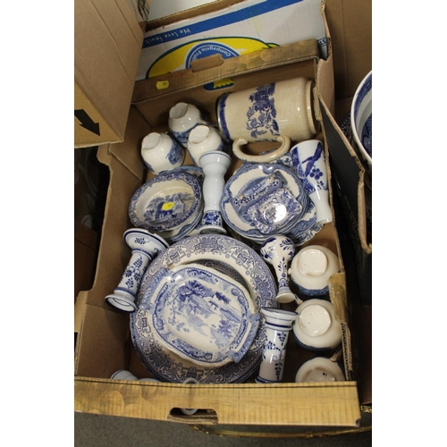 162 - FIVE BOXES OF ASSORTED BLUE AND WHITE CHINA AND CERAMICS TO  INCLUDE MASONS EXAMPLES